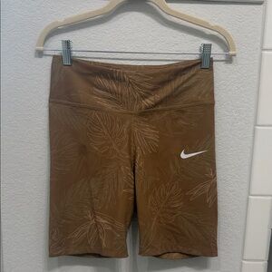 Nike Women’s Brown Leaf-Print Bike Shorts with White Swoosh